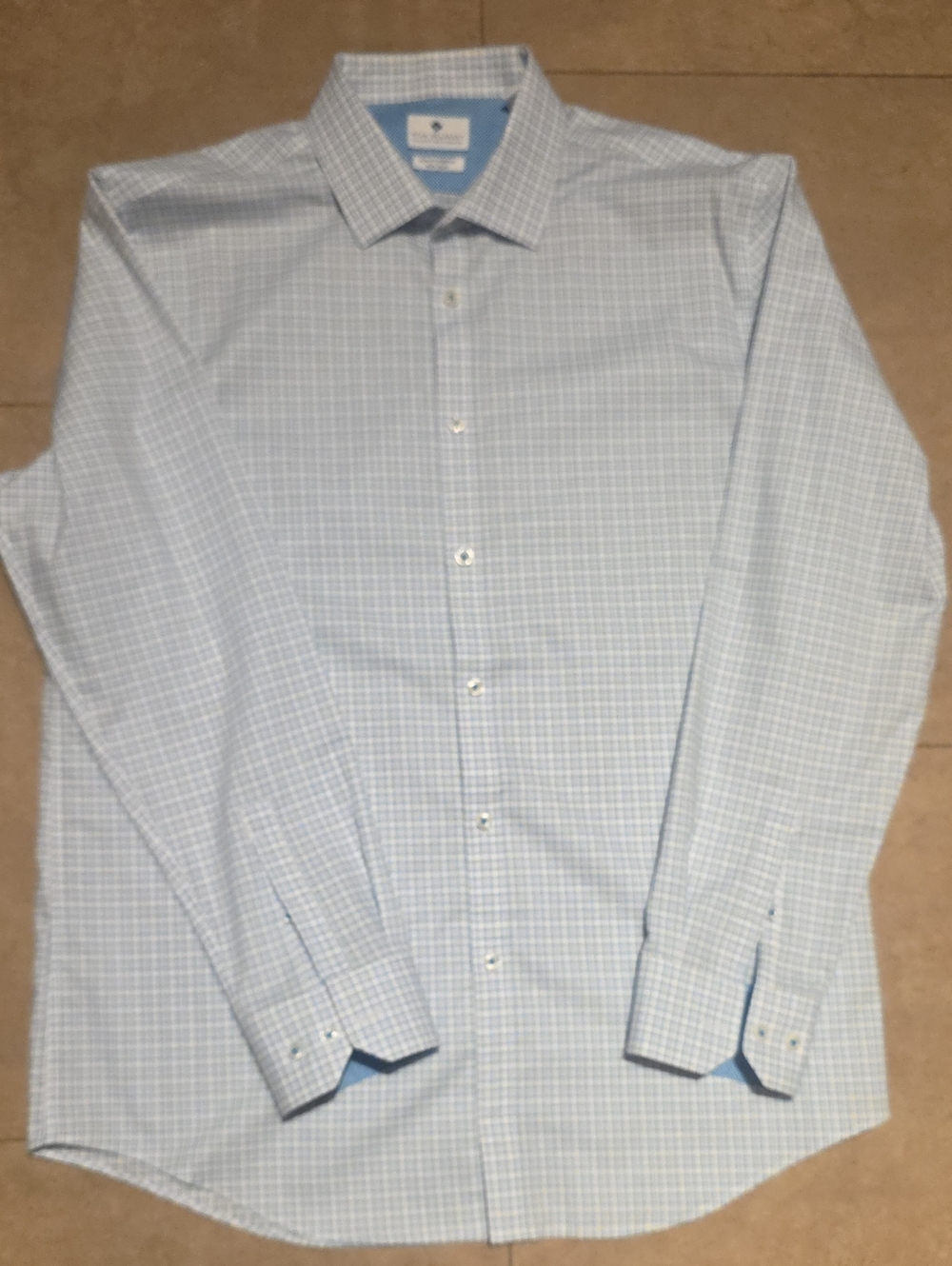 Ryan Seacrest Distinction Light Blue Checkered Dress Shirt. Slim Fit Stretch.